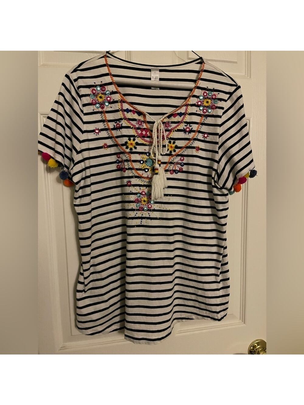 Thomas & Olivia Stripe embroidered striped Pom Pom Top size large